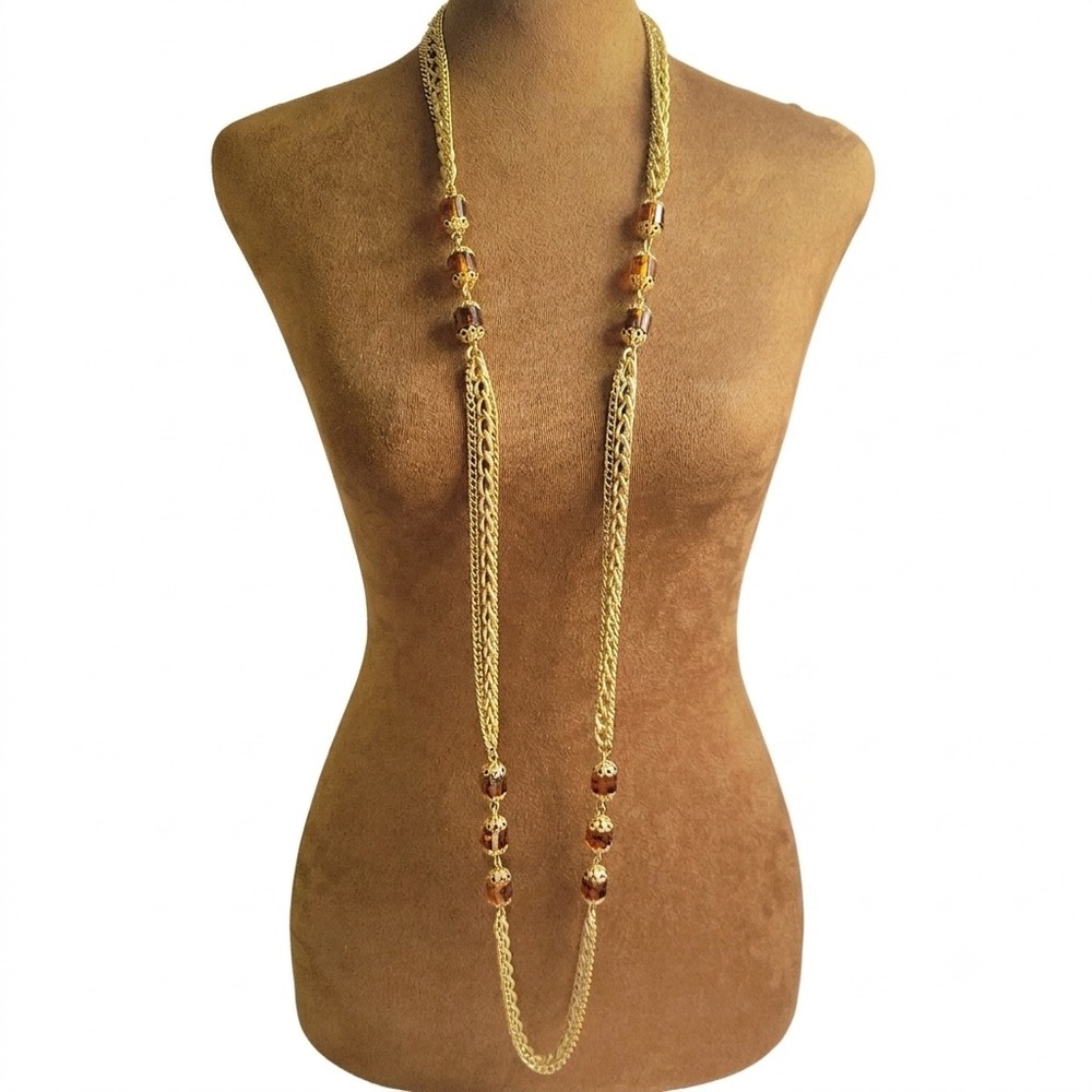 Sarah Coventry Vintage Gold Tone Amber Bead Long 50" Chain Necklace Cottagecore